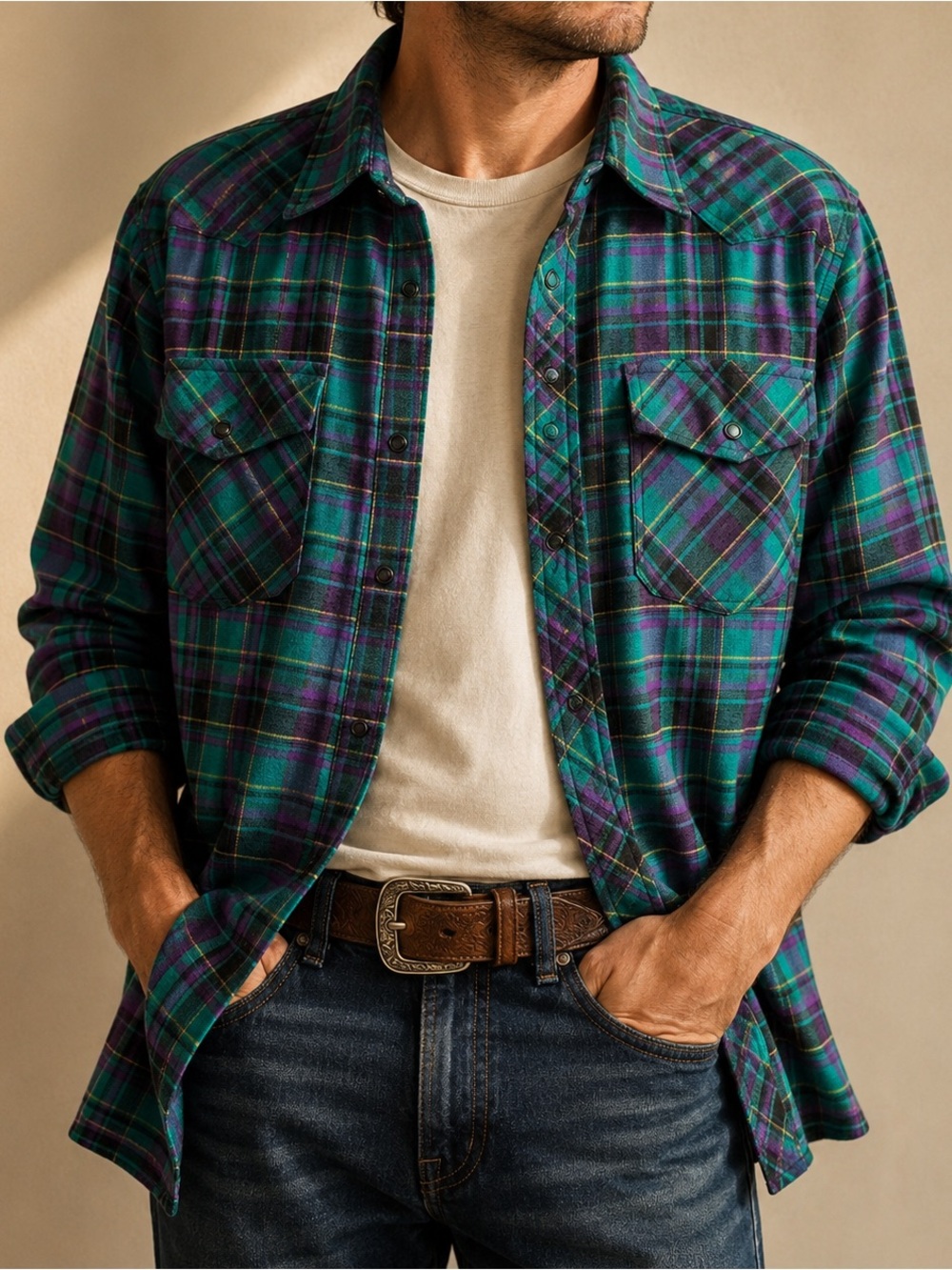 L.L.Bean Western Snap Front Plaid Shirt Large Green Purple Wool Blend